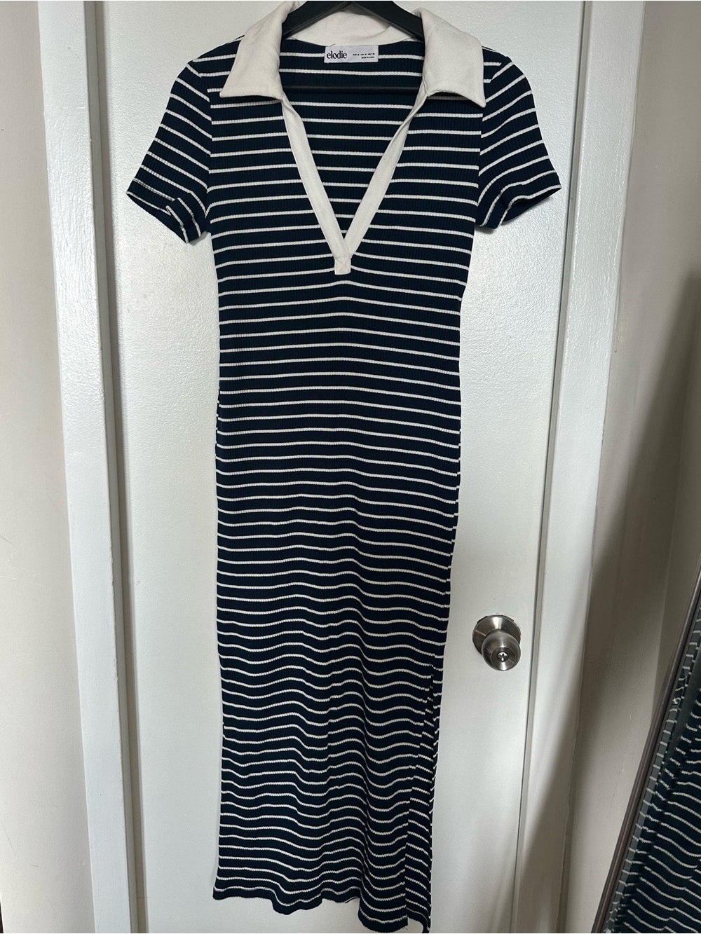 White Collar Navy & White Striped Polo Maxi Dress